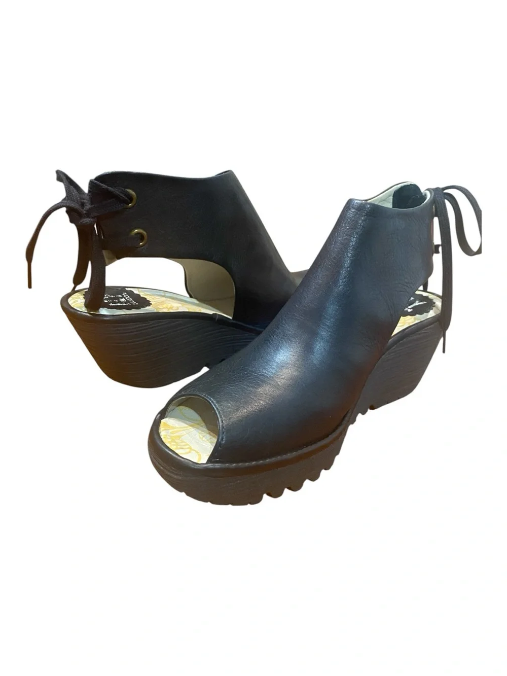 Fly London YUZU Black Leather Peep-Toe Wedge Sandals with Back Tie, EU 37. - Picture 1 of 11